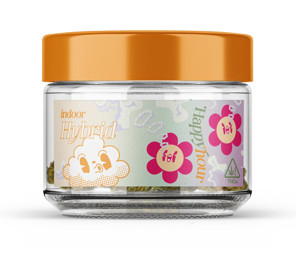 Gelato 41 THCA hemp flower jar by Happy Hour Club, indoor sativa strain, lab tested and premium quality