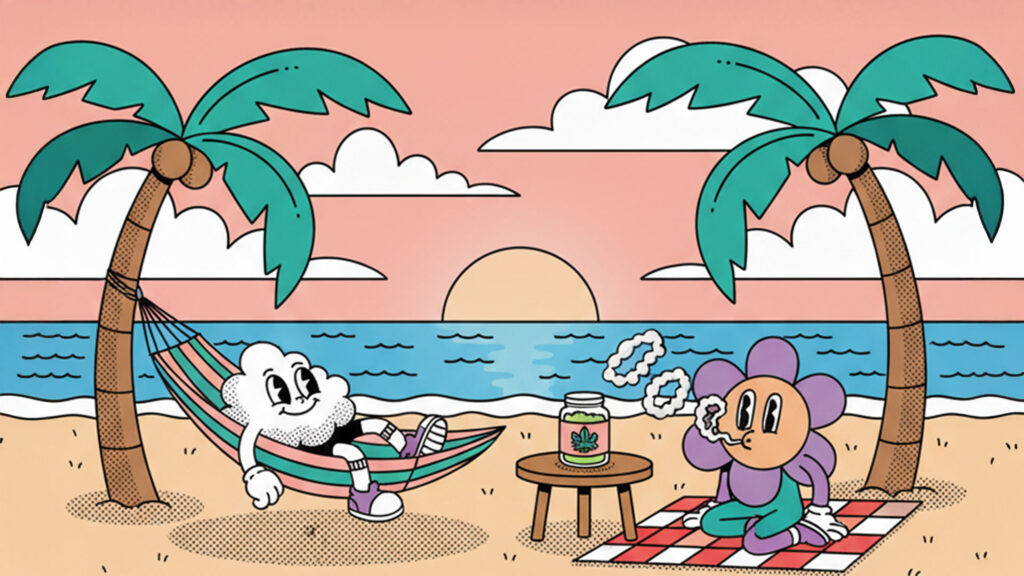 Happy Hour Club mascot relaxing on a beach with THCA hemp flower jar, casual tropical lifestyle scene