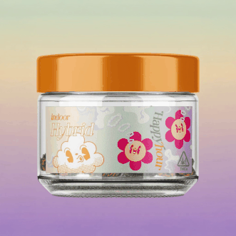 Animated unboxing of HappyHour Club Permanent Chimera glass jars with orange and green lids.