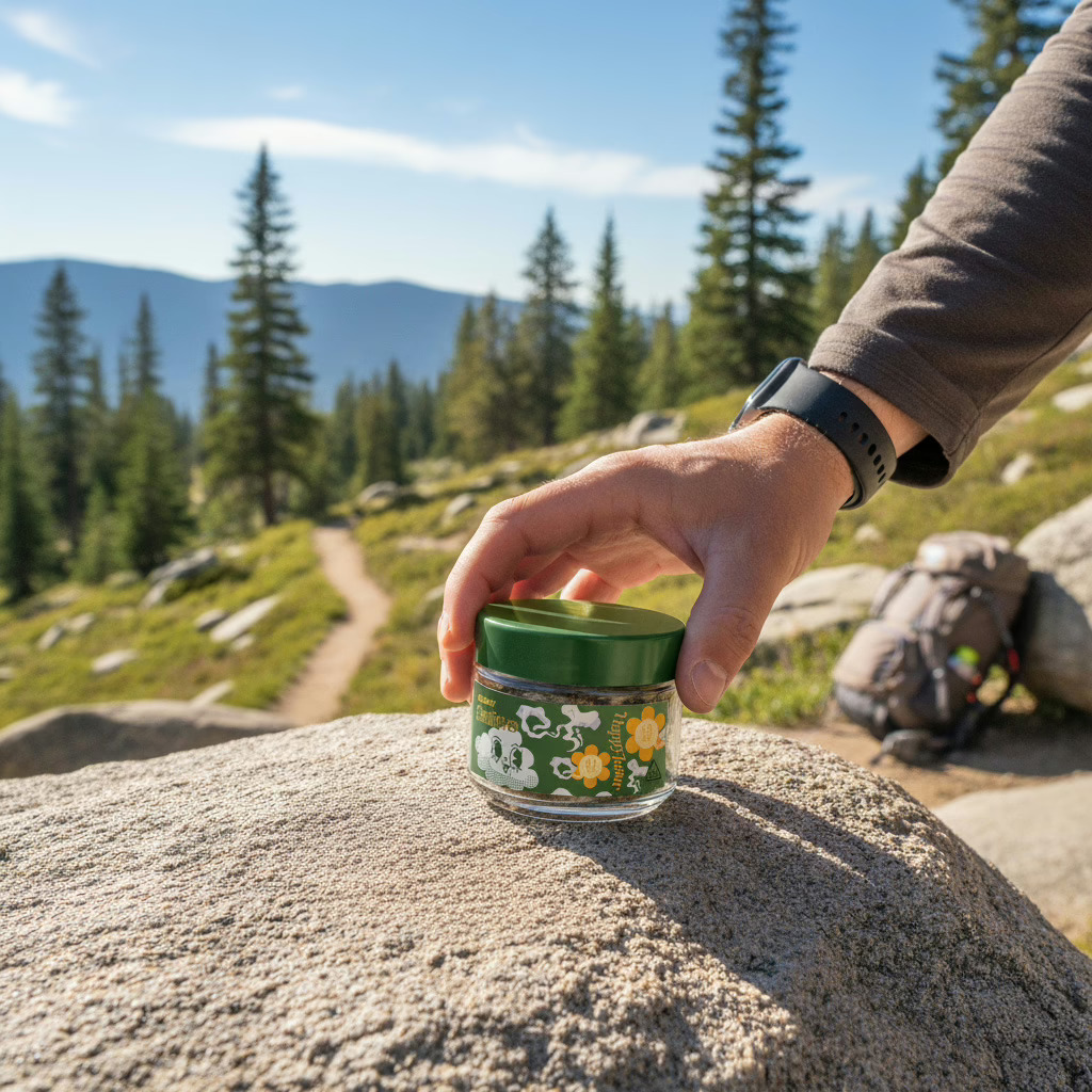 Close-up of hands rolling a joint on a wooden tray with premium hemp flower on a city balcony.